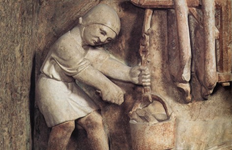 Benedetto Antelami, Preparazione dei salumi nella formella dell’Acquario, particolare (Parma, Battistero)